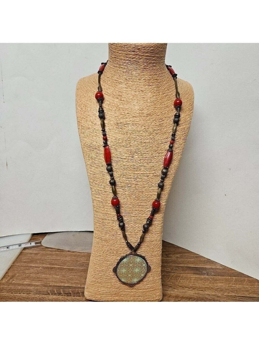 Vintage LAGA Art Deco Bronze & Glass Bead Necklace with Geometric Pendant